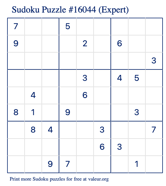 Free Printable Expert Sudoku Puzzle number 16044