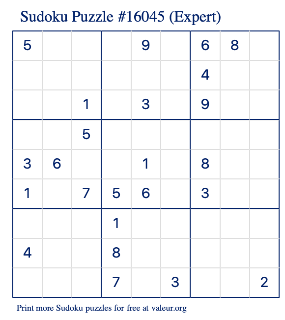 Free Printable Expert Sudoku Puzzle number 16045