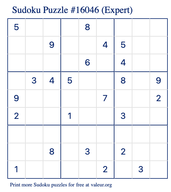 Free Printable Expert Sudoku Puzzle number 16046