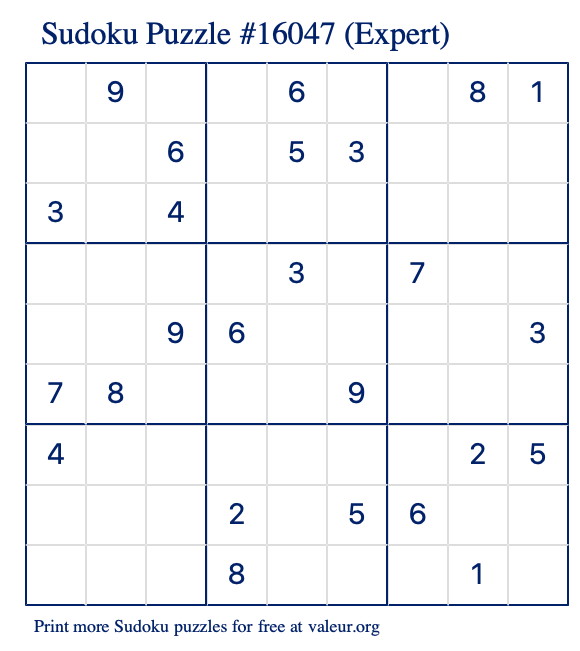 Free Printable Expert Sudoku Puzzle number 16047