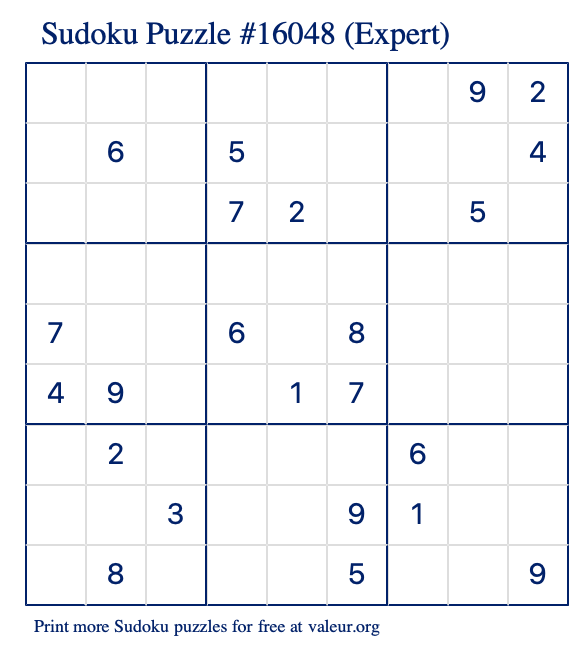 Free Printable Expert Sudoku Puzzle number 16048