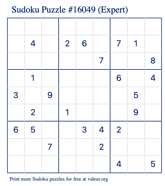 Free Printable Expert Sudoku Puzzle number 16049