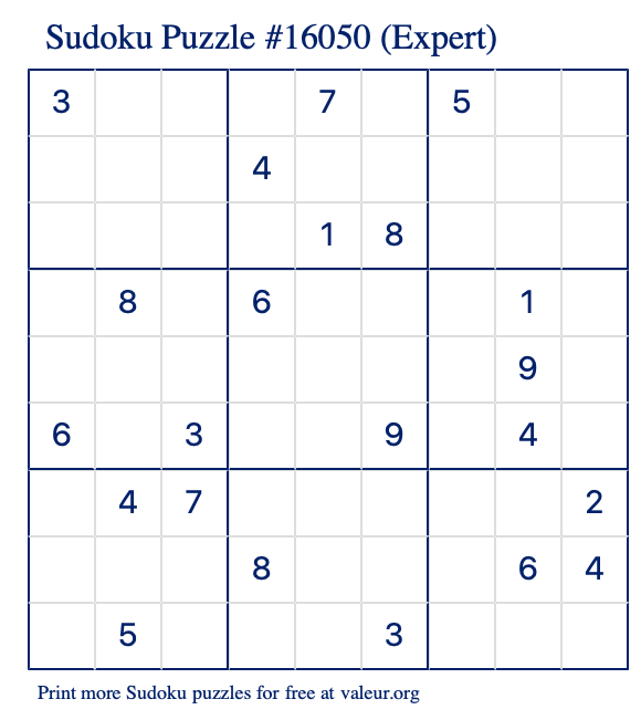 Free Printable Expert Sudoku Puzzle number 16050