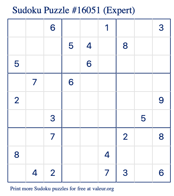 Free Printable Expert Sudoku Puzzle number 16051