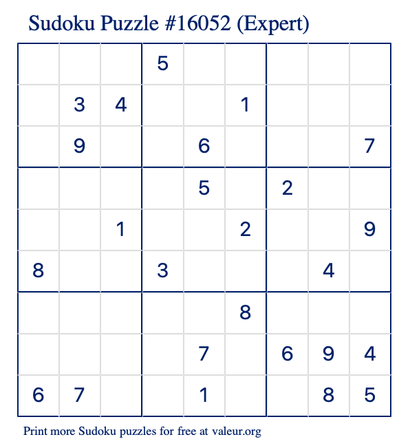 Free Printable Expert Sudoku Puzzle number 16052