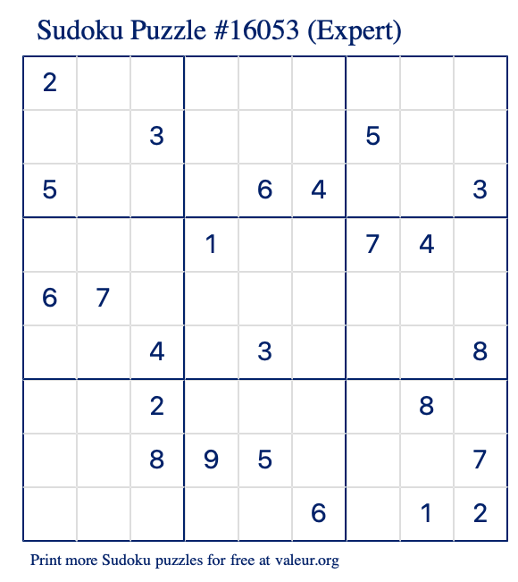 Free Printable Expert Sudoku Puzzle number 16053