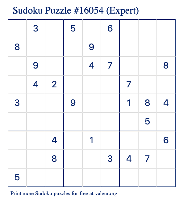 Free Printable Expert Sudoku Puzzle number 16054