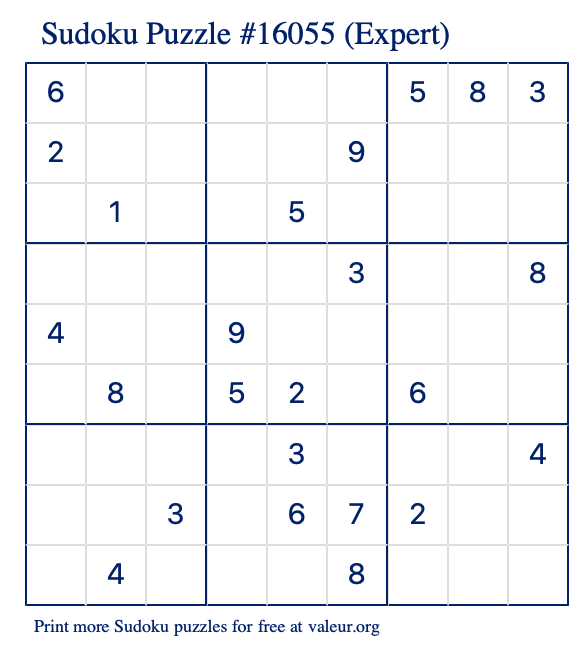 Free Printable Expert Sudoku Puzzle number 16055