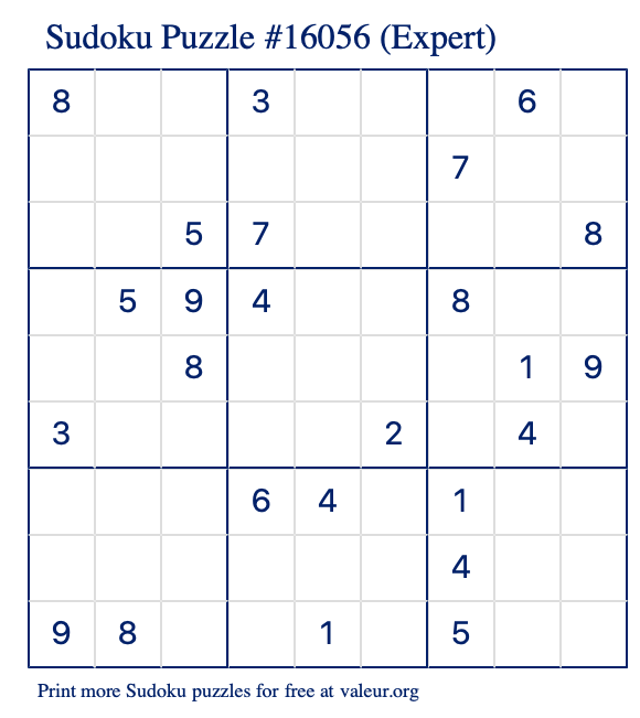 Free Printable Expert Sudoku Puzzle number 16056