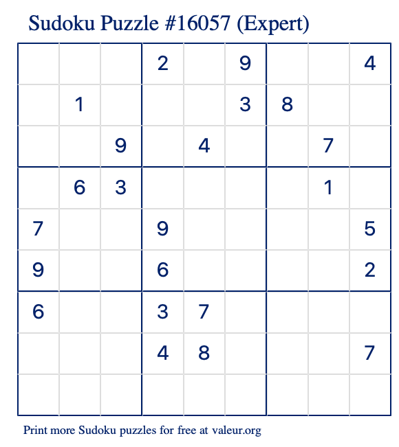 Free Printable Expert Sudoku Puzzle number 16057