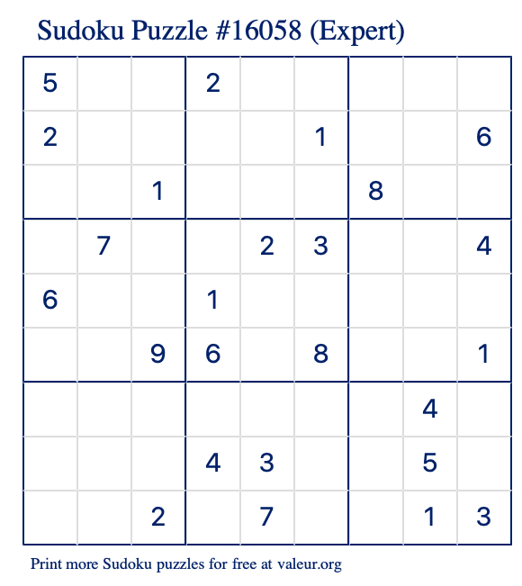 Free Printable Expert Sudoku Puzzle number 16058