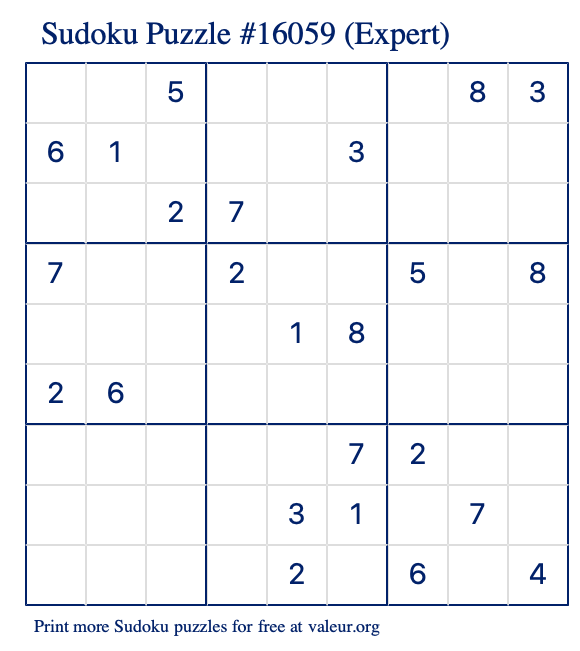 Free Printable Expert Sudoku Puzzle number 16059