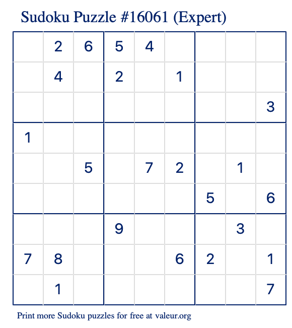 Free Printable Expert Sudoku Puzzle number 16061