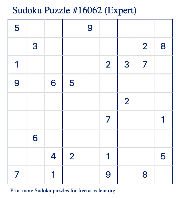 Free Printable Expert Sudoku Puzzle number 16062