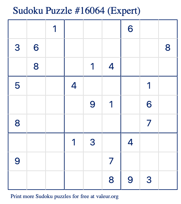 Free Printable Expert Sudoku Puzzle number 16064