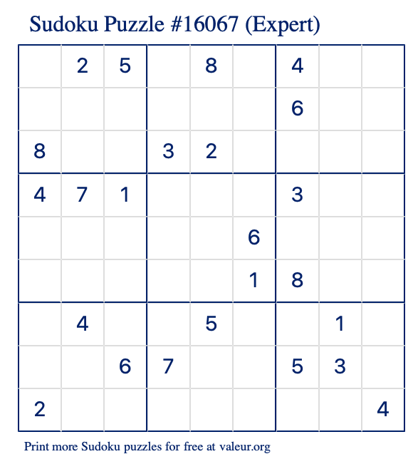 Free Printable Expert Sudoku Puzzle number 16067