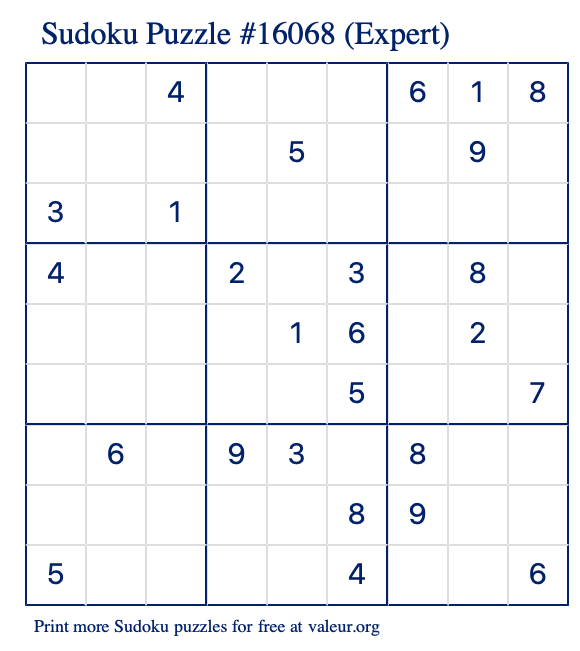 Free Printable Expert Sudoku Puzzle number 16068