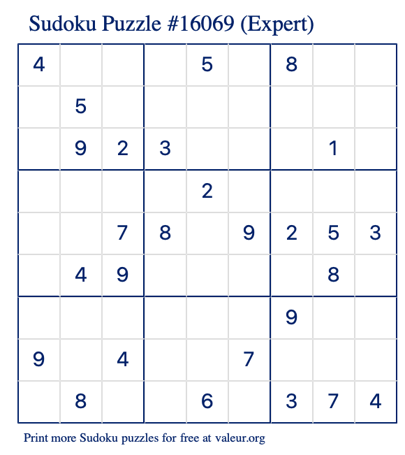 Free Printable Expert Sudoku Puzzle number 16069