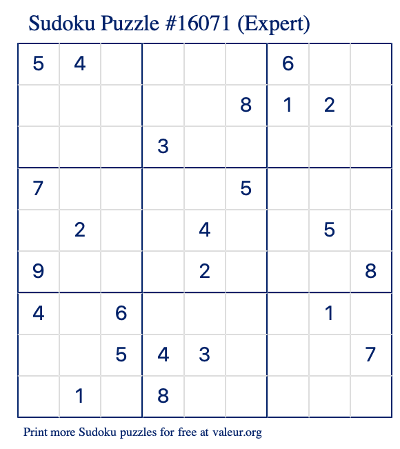 Free Printable Expert Sudoku Puzzle number 16071