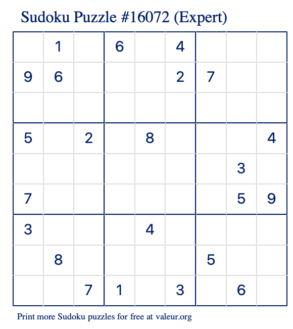 Free Printable Expert Sudoku Puzzle number 16072