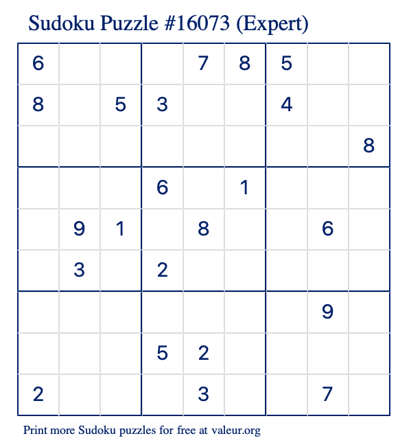 Free Printable Expert Sudoku Puzzle number 16073