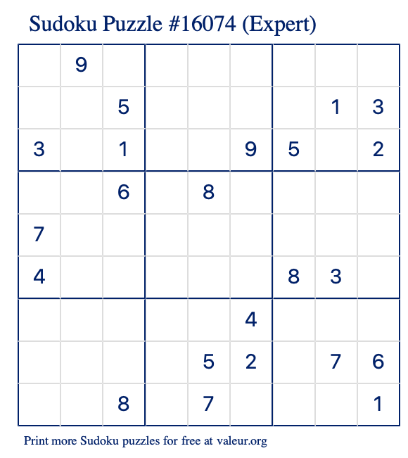 Free Printable Expert Sudoku Puzzle number 16074