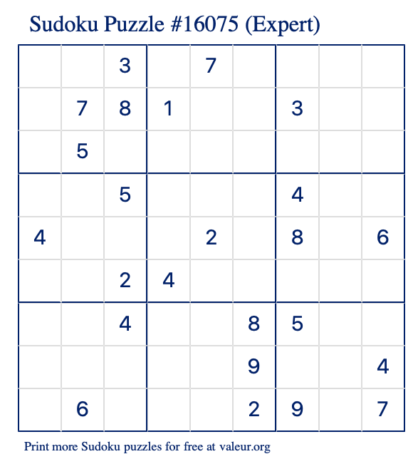 Free Printable Expert Sudoku Puzzle number 16075