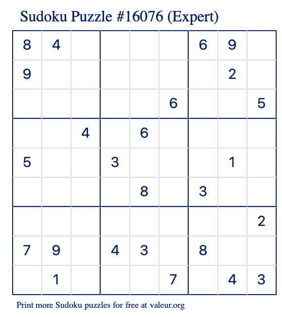 Free Printable Expert Sudoku Puzzle number 16076