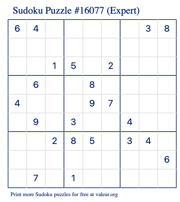 Free Printable Expert Sudoku Puzzle number 16077