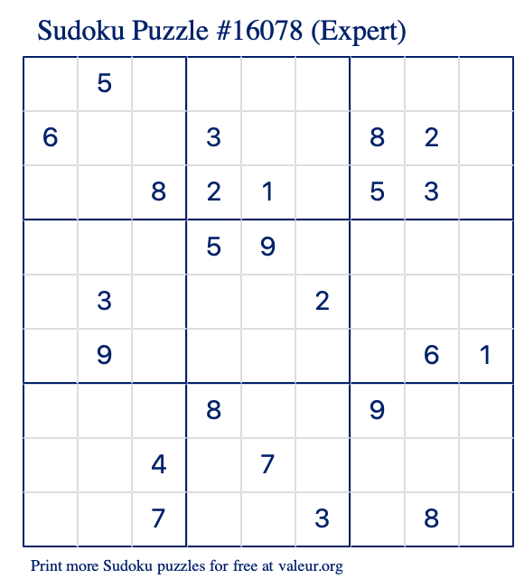 Free Printable Expert Sudoku Puzzle number 16078