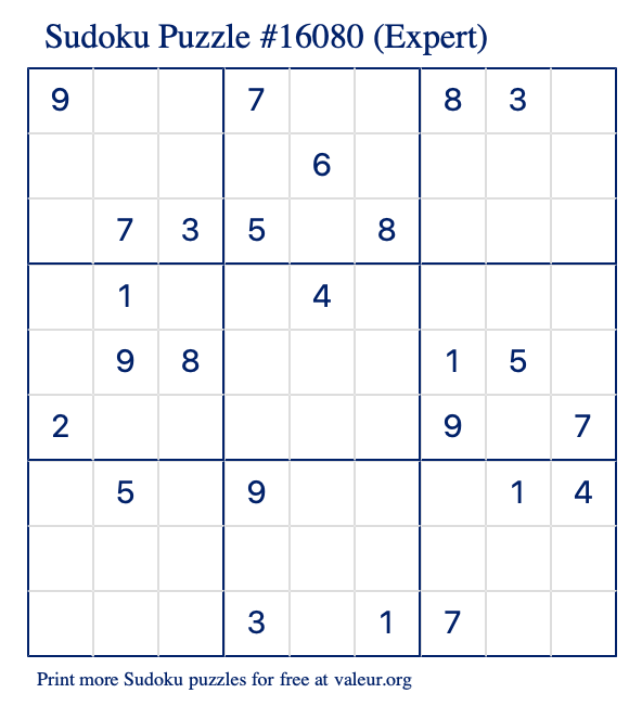 Free Printable Expert Sudoku Puzzle number 16080