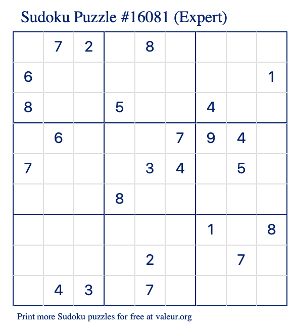 Free Printable Expert Sudoku Puzzle number 16081