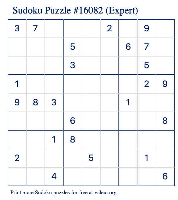 Free Printable Expert Sudoku Puzzle number 16082