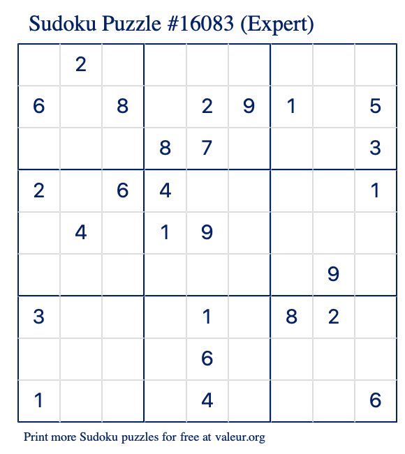 Free Printable Expert Sudoku Puzzle number 16083