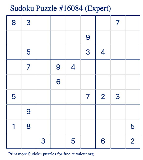 Free Printable Expert Sudoku Puzzle number 16084