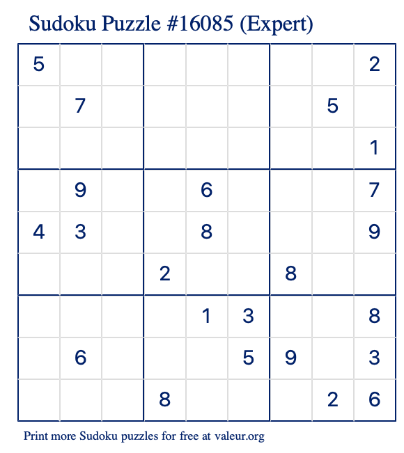 Free Printable Expert Sudoku Puzzle number 16085