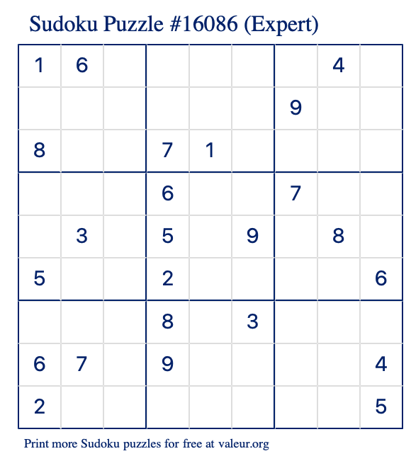 Free Printable Expert Sudoku Puzzle number 16086