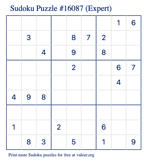 Free Printable Expert Sudoku Puzzle number 16087