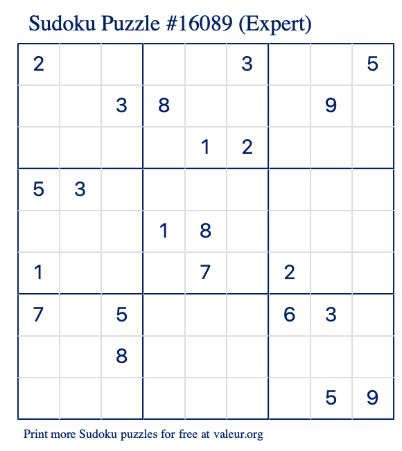 Free Printable Expert Sudoku Puzzle number 16089