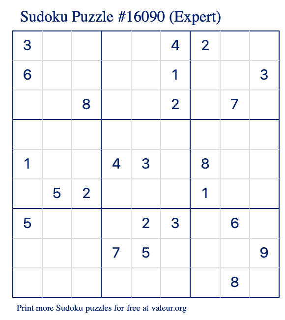 Free Printable Expert Sudoku Puzzle number 16090