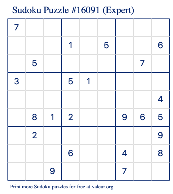 Free Printable Expert Sudoku Puzzle number 16091