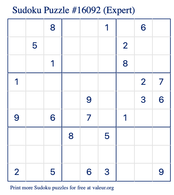 Free Printable Expert Sudoku Puzzle number 16092