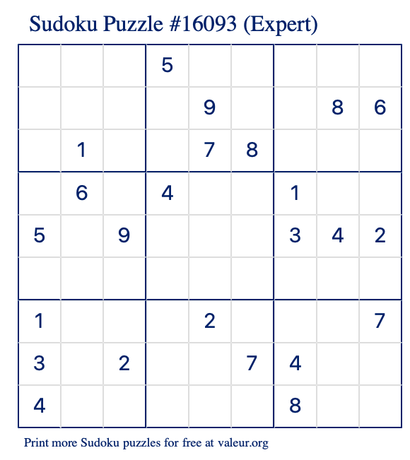 Free Printable Expert Sudoku Puzzle number 16093