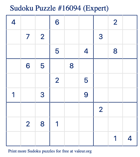 Free Printable Expert Sudoku Puzzle number 16094