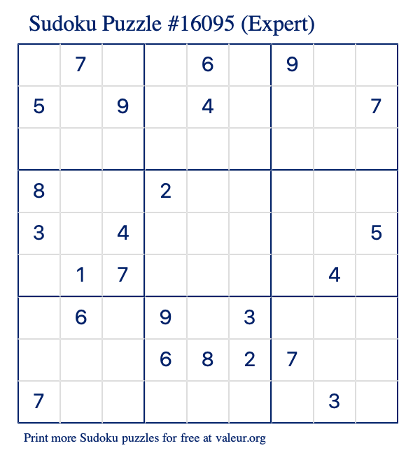 Free Printable Expert Sudoku Puzzle number 16095