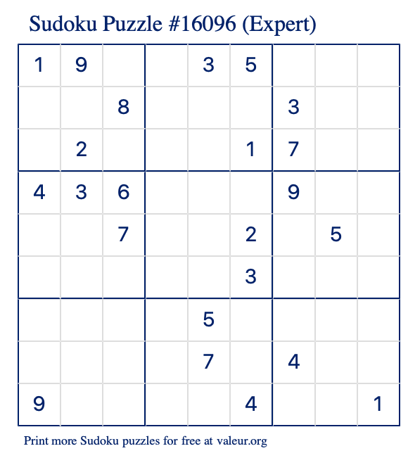 Free Printable Expert Sudoku Puzzle number 16096