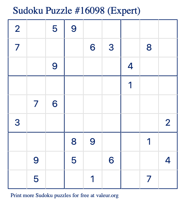 Free Printable Expert Sudoku Puzzle number 16098