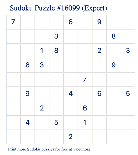 Free Printable Expert Sudoku Puzzle number 16099