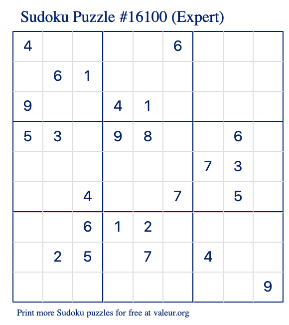 Free Printable Expert Sudoku Puzzle number 16100