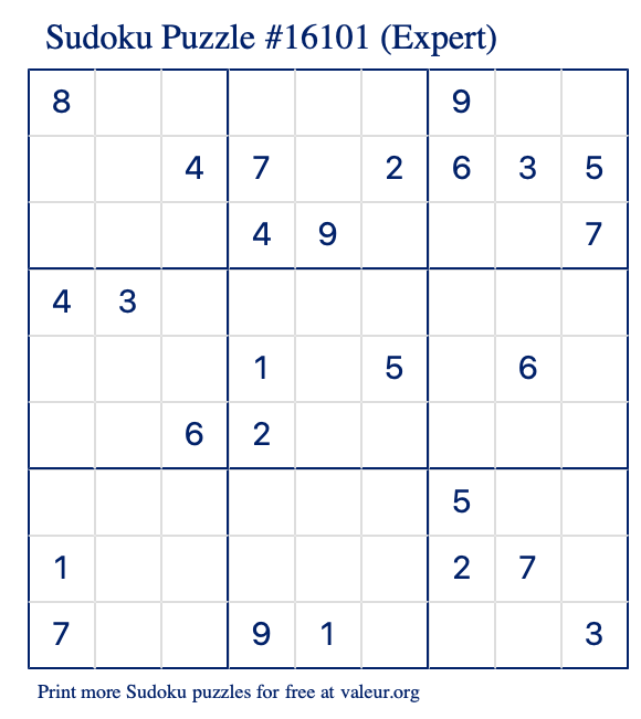 Free Printable Expert Sudoku Puzzle number 16101